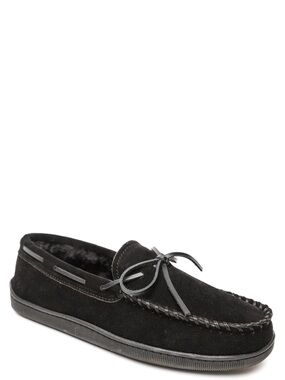 Minnetonka Men S Pile Lined Moccasin Slippers with Hard Soles 13 Wide Black